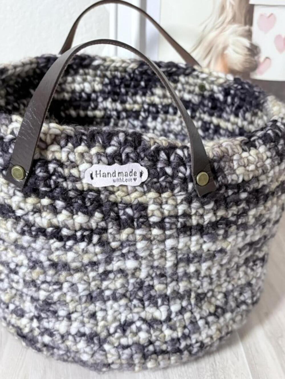 Handmade Crochet Tote Bag with Leather Handles Chunky Knit, Charcoal/Cream